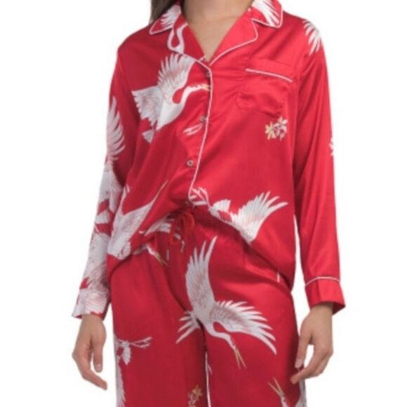 DALIA MACPHEE M & LβRed White Satin Ibis Bird Print Long Sleeve Long Pant PJ Set - Picture 3 of 16
